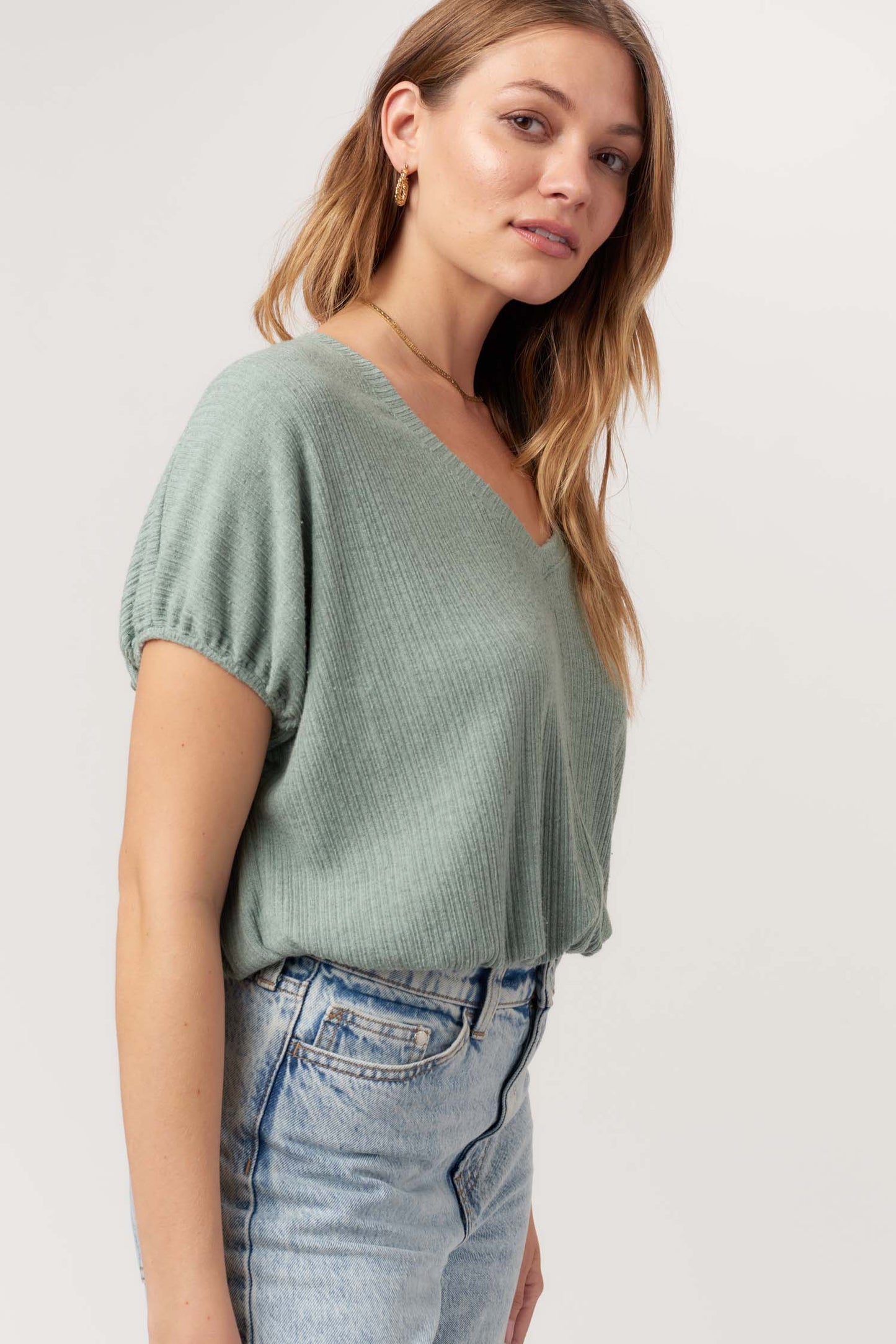 Cerise V Neck Bubble Rib Tee