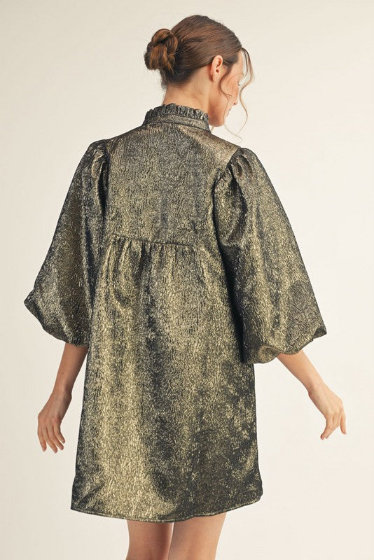 Gold Balloon Sleeves Babydoll Dress
