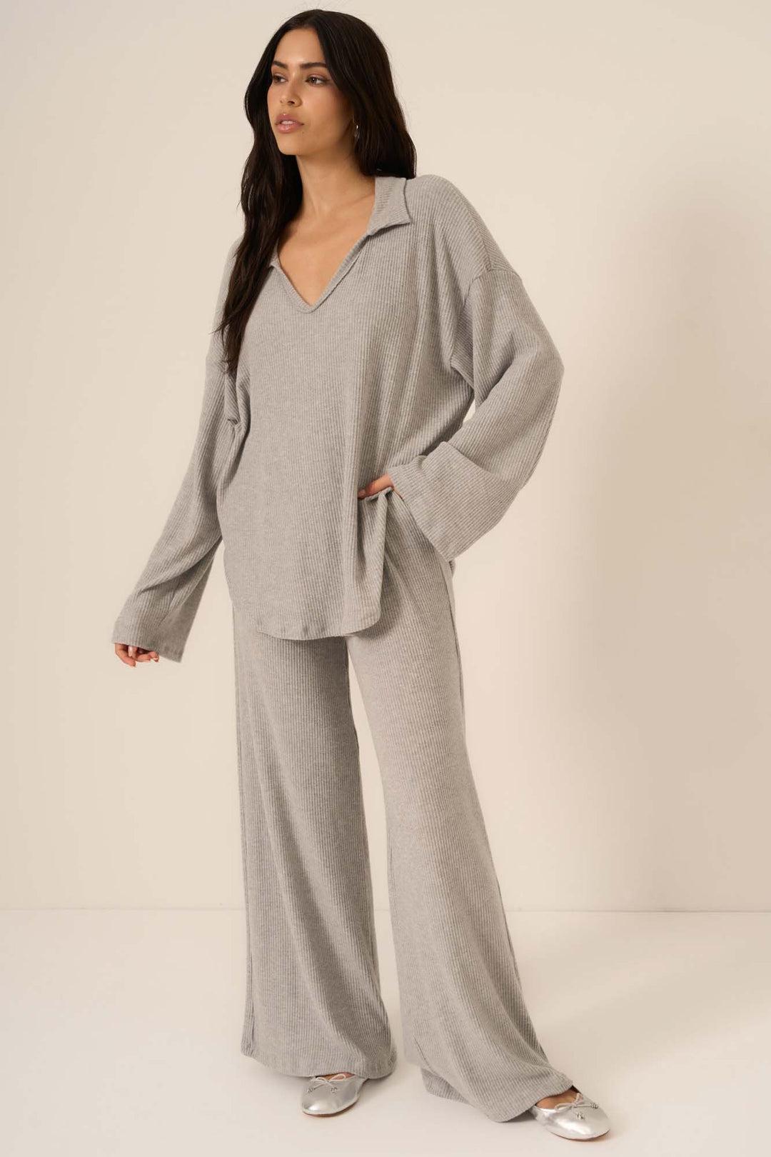 Zoey Brushed Rib Pant-Heather Grey