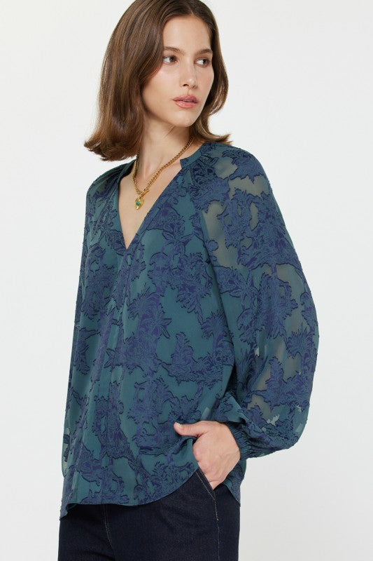 V neck Navy Floral Blouse
