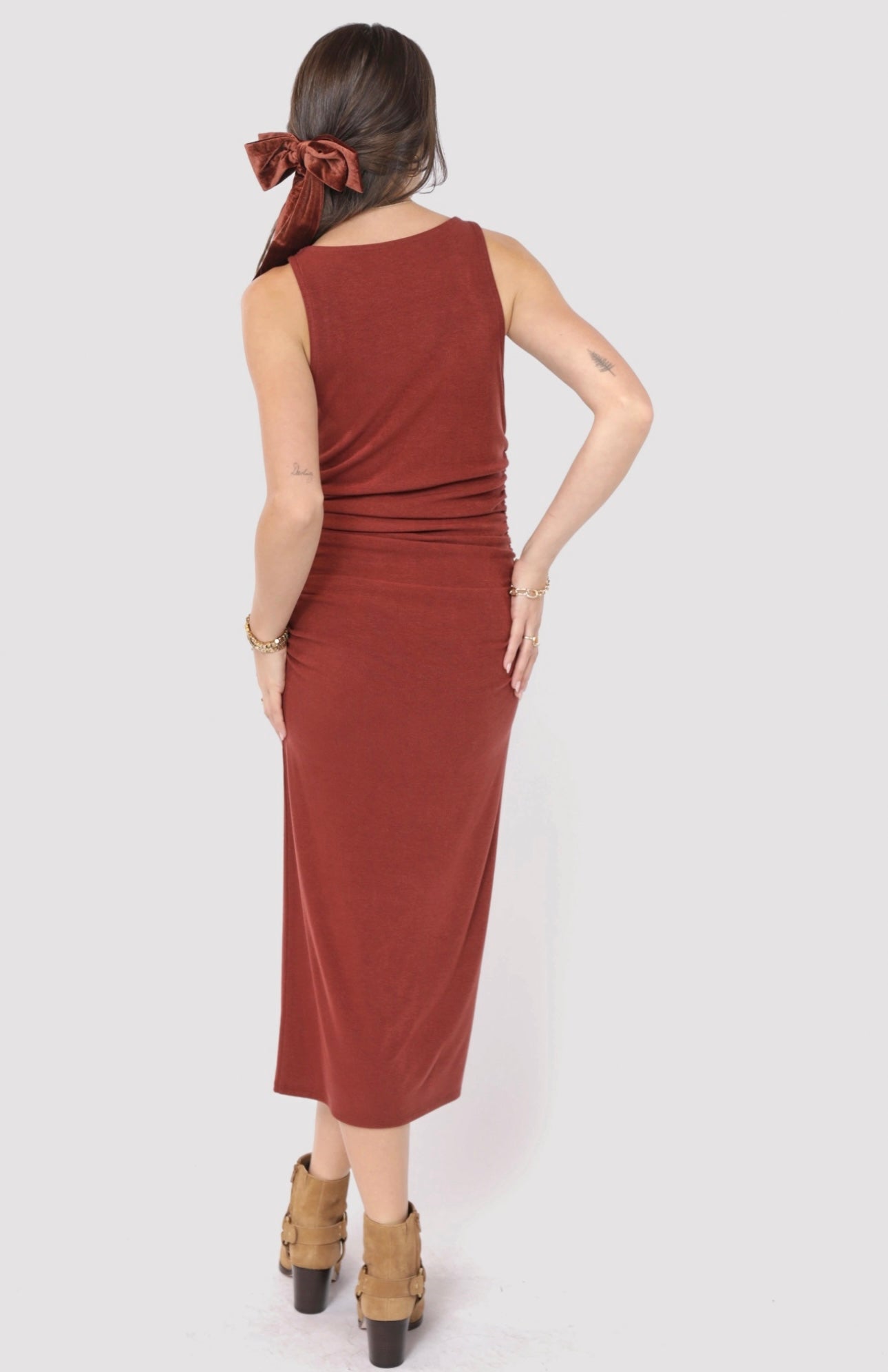 Open Up Boatneck Ruched Midi Dress