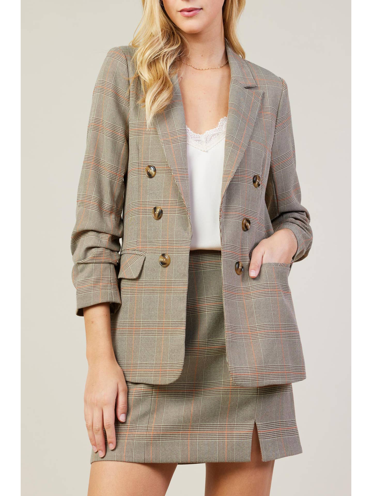 Plaid Open Blazer with Ruched Sleeves
