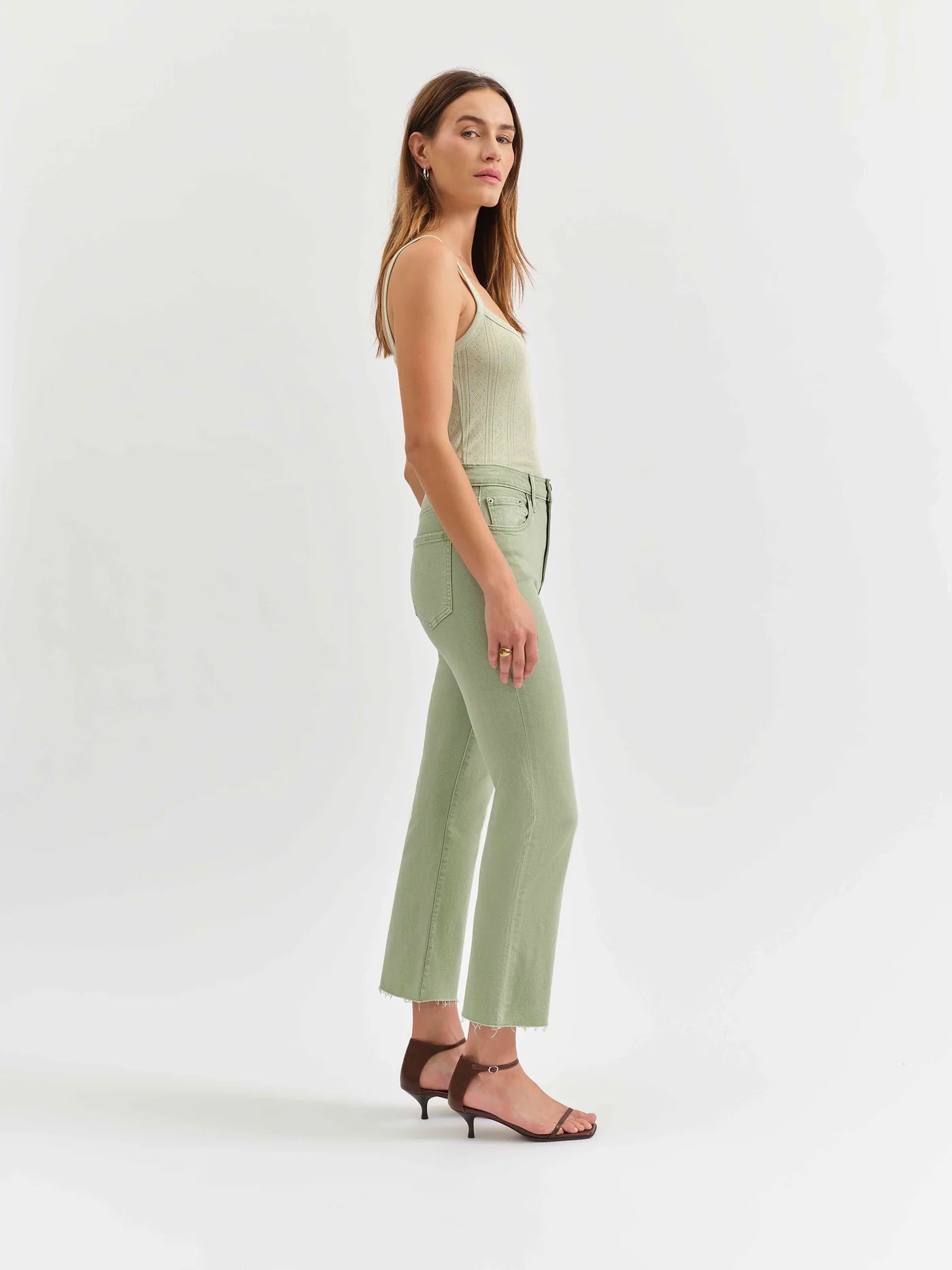 Shy girl raw cut high rise crop flare