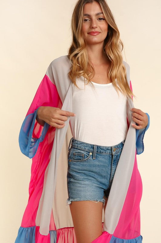 COLOR BLOCK KIMONO MAXI OPEN CARDIGAN