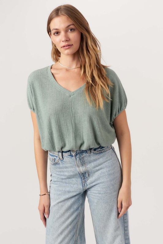 Cerise V Neck Bubble Rib Tee