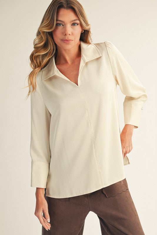 Pearl Cuff Button Accent Satin Top