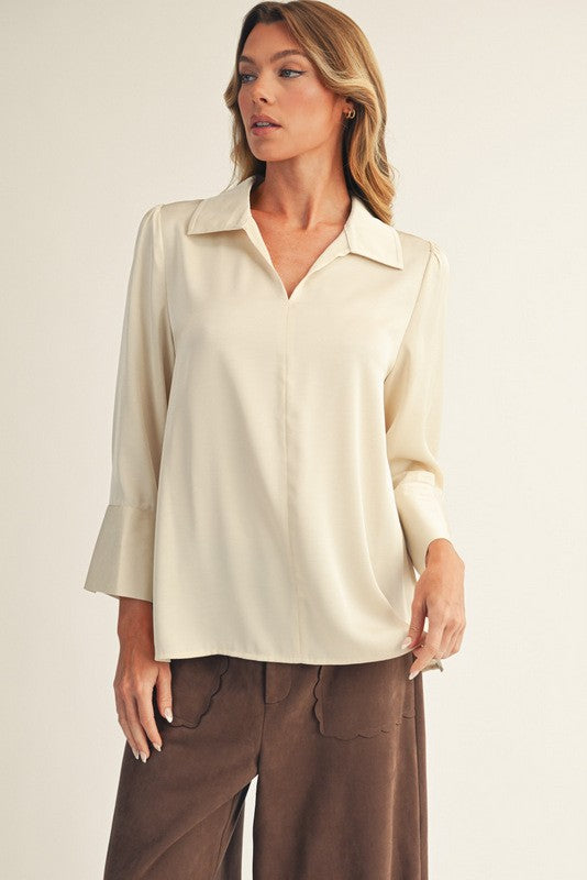 Pearl Cuff Button Accent Satin Top