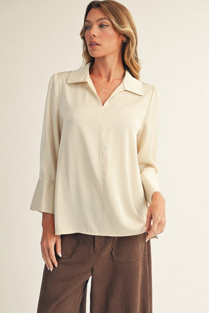 Pearl Cuff Button Accent Satin Top