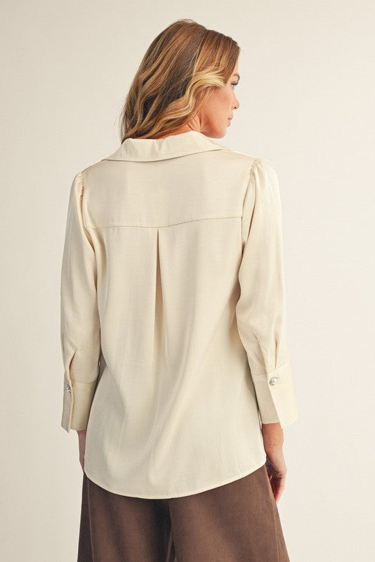 Pearl Cuff Button Accent Satin Top