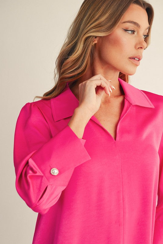 Pearl Cuff Button Accent Satin Top