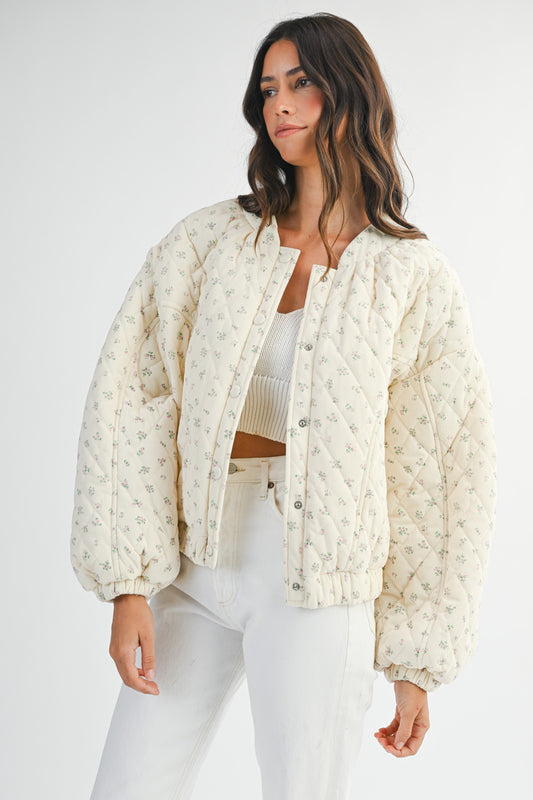 Floral Print Quilted Bomber Crop Jacket
