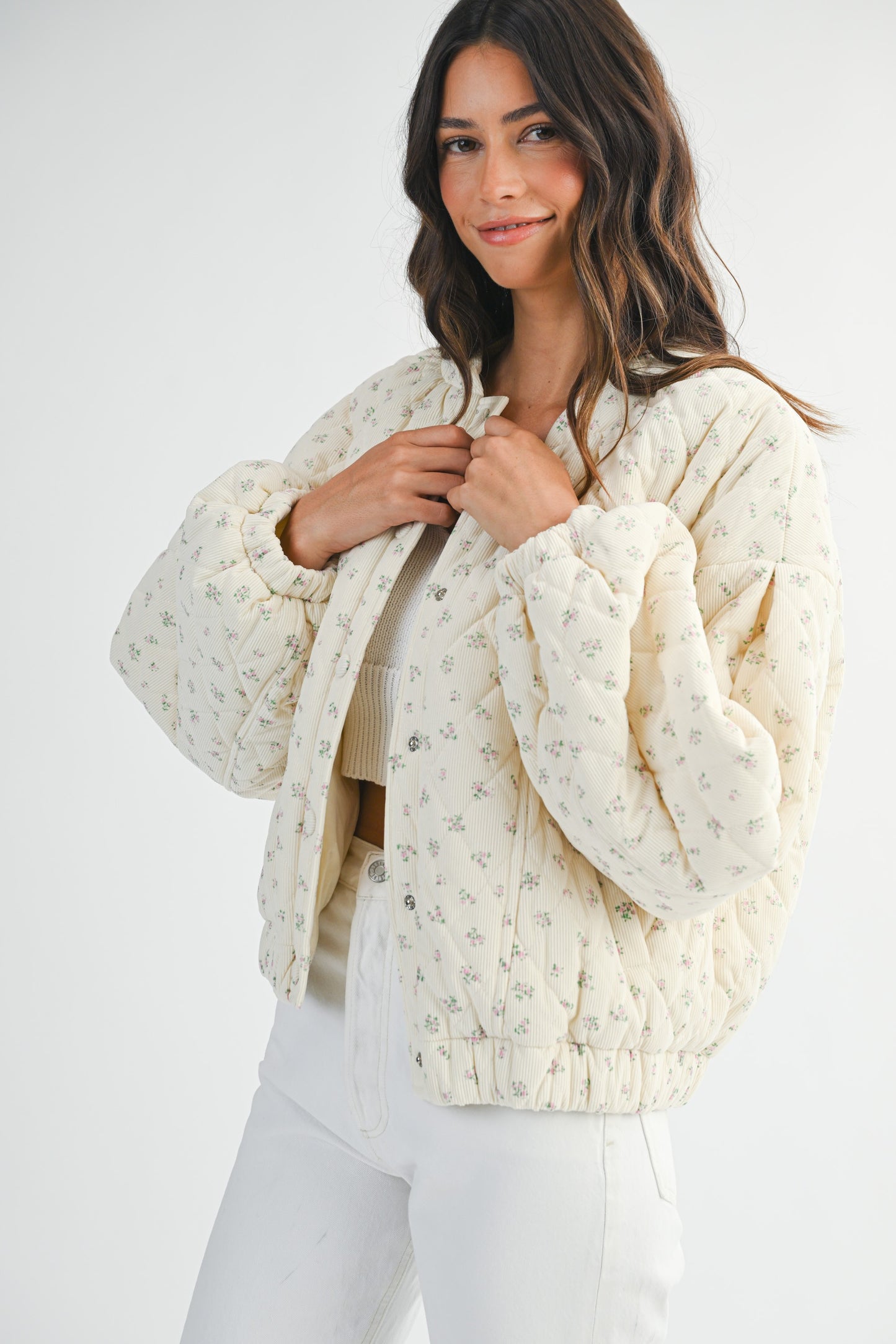 Floral Print Quilted Bomber Crop Jacket