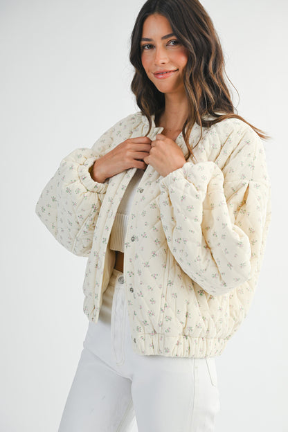 Floral Print Quilted Bomber Crop Jacket