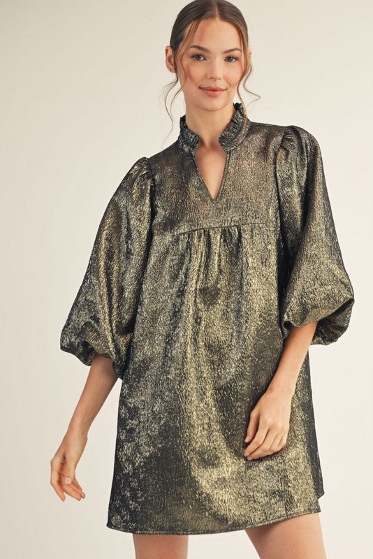 Gold Balloon Sleeves Babydoll Dress