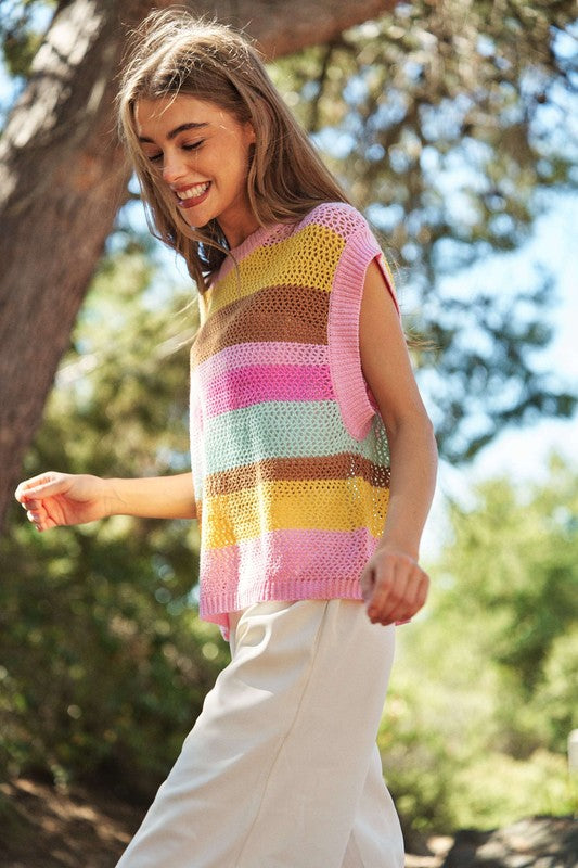 Crochet Multi Striped Pullover Knit Sweater Vest