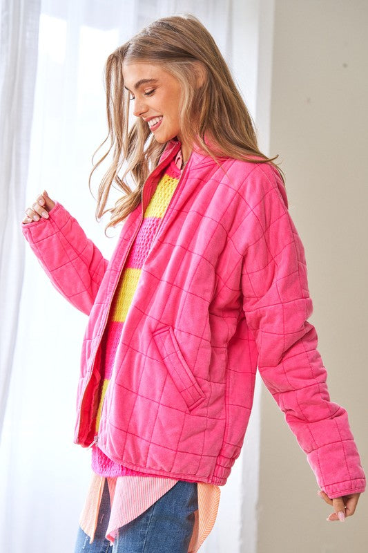 Washed Soft Comfy Quilting Zip Closure Jacket