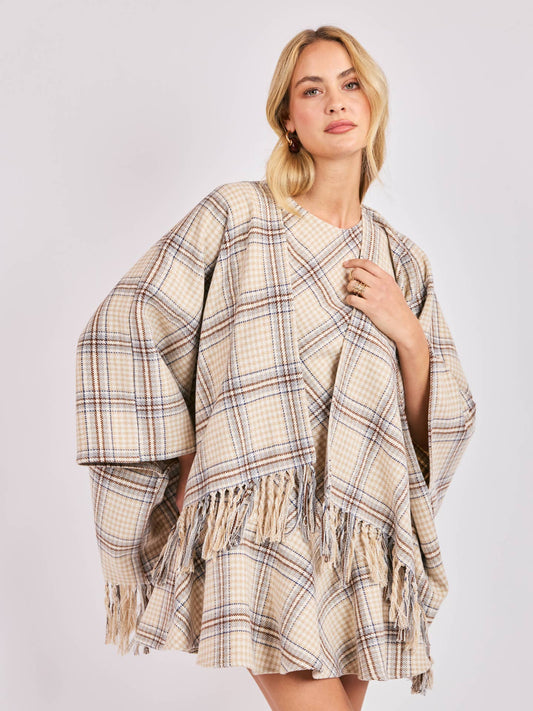 Cedar Plaid Fringe Hem Poncho