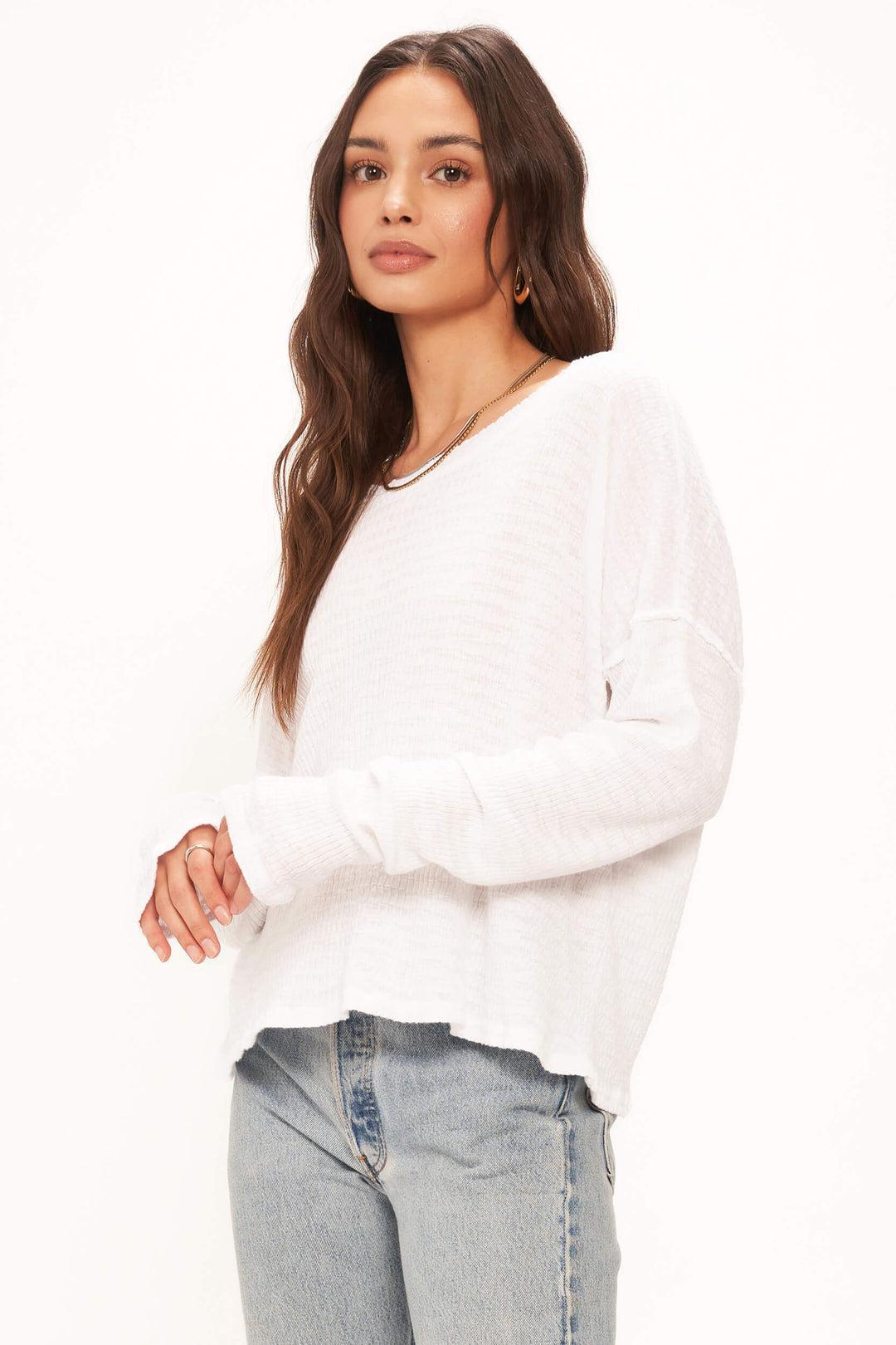 Nelly Low Back Striped Rib Long Sleeve-White