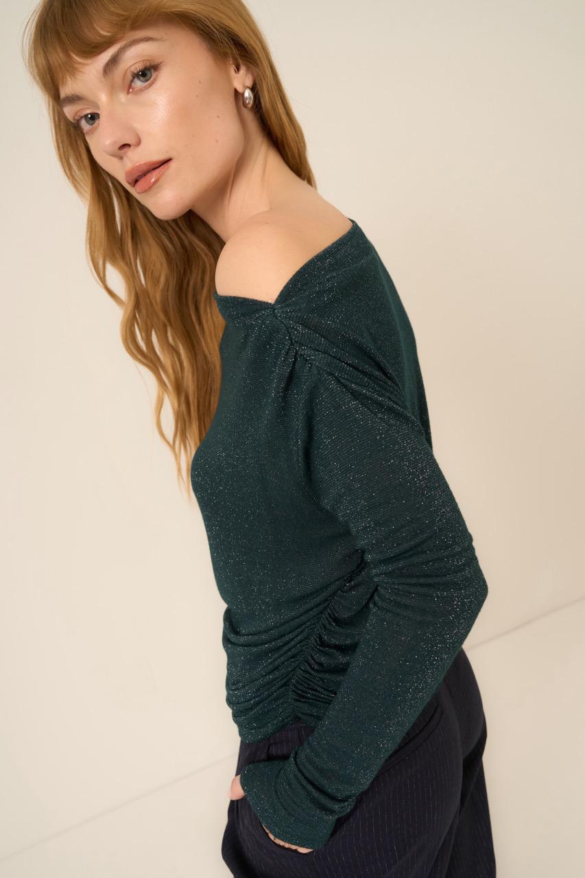 Feeling It Off Shoulder Lurex Longsleeve- Midnight Pine