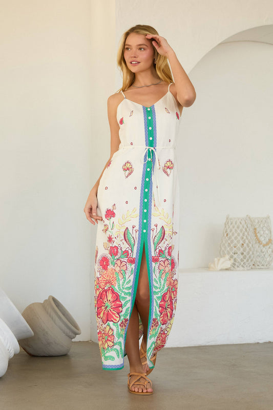 Floral Border Button Front Long Dress