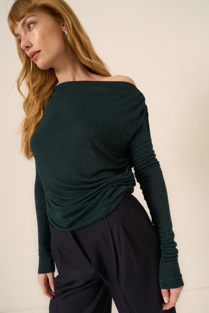 Feeling It Off Shoulder Lurex Longsleeve- Midnight Pine