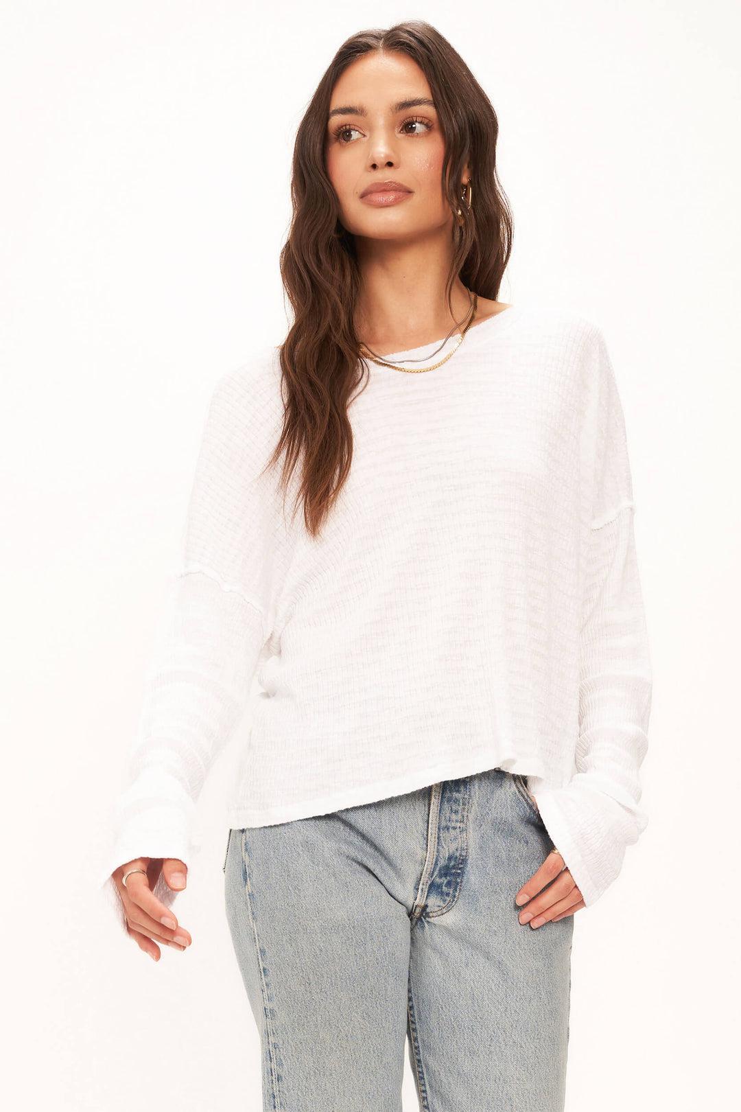 Nelly Low Back Striped Rib Long Sleeve-White