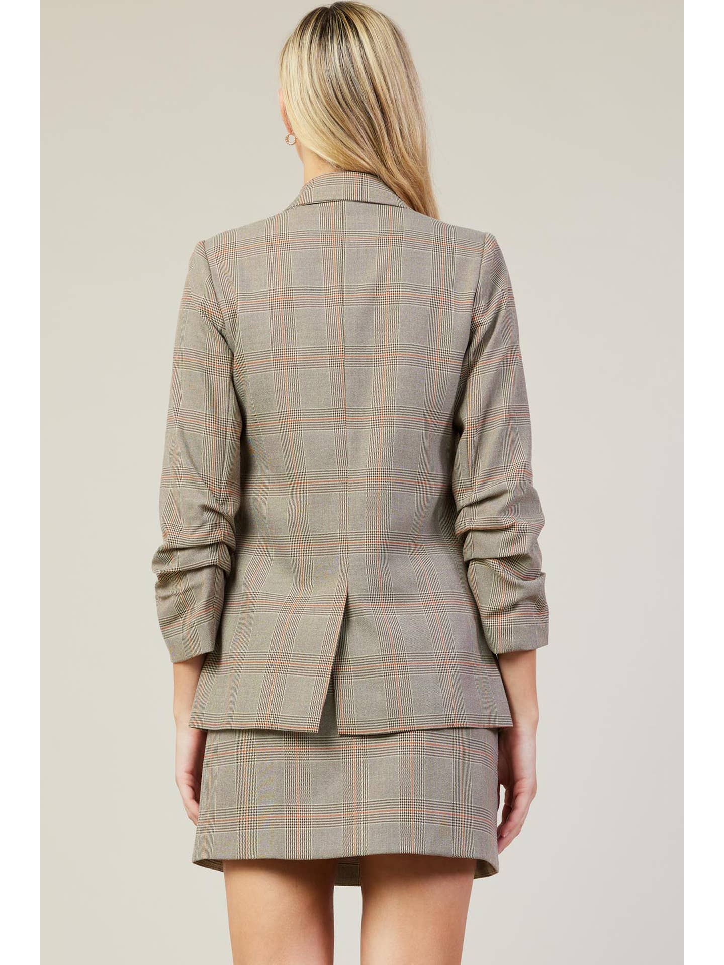 Plaid Open Blazer with Ruched Sleeves