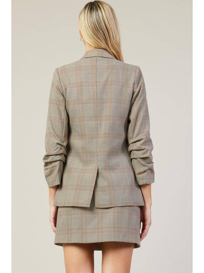 Plaid Open Blazer with Ruched Sleeves