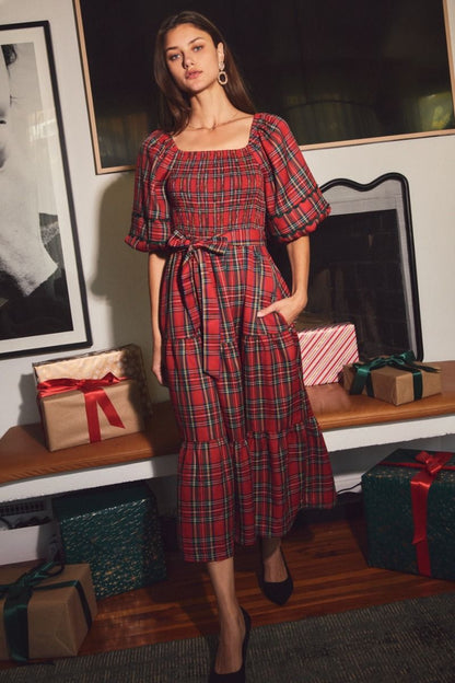 Holiday Smocked Plaid Midi Dress