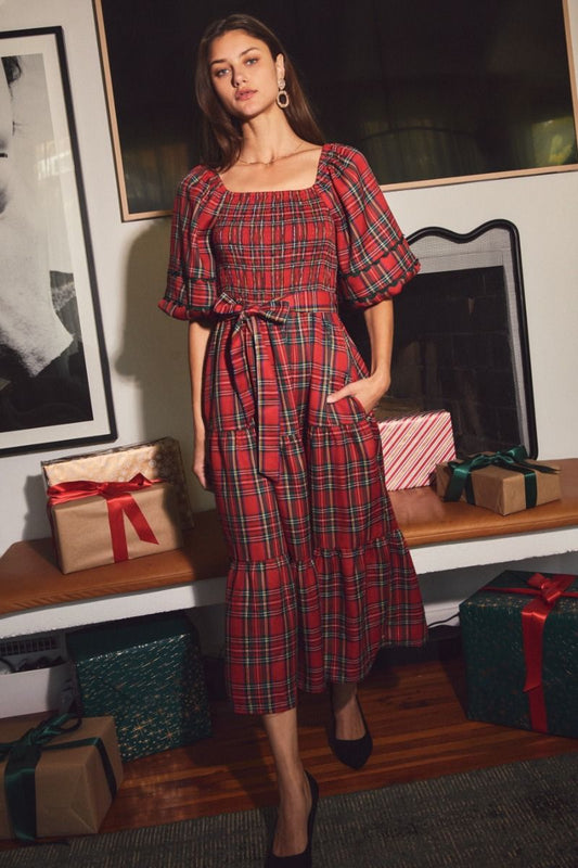 Holiday Smocked Plaid Midi Dress