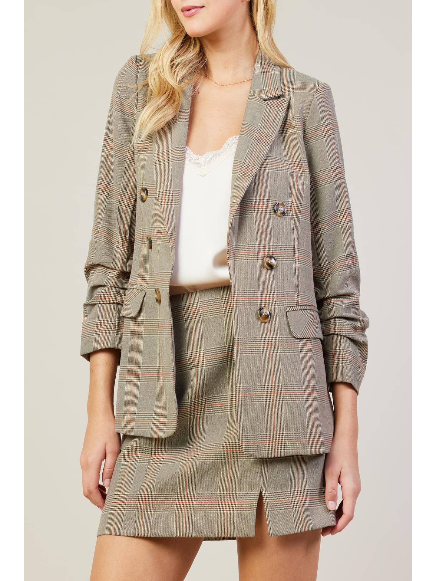 Plaid Open Blazer with Ruched Sleeves