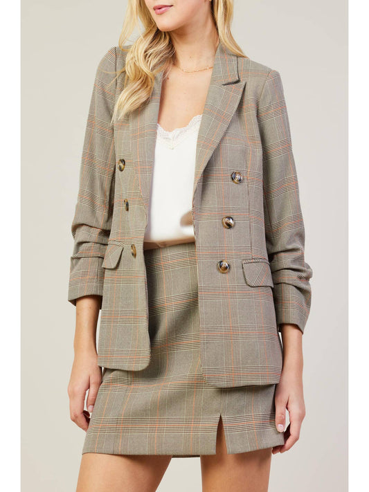 Plaid Open Blazer with Ruched Sleeves