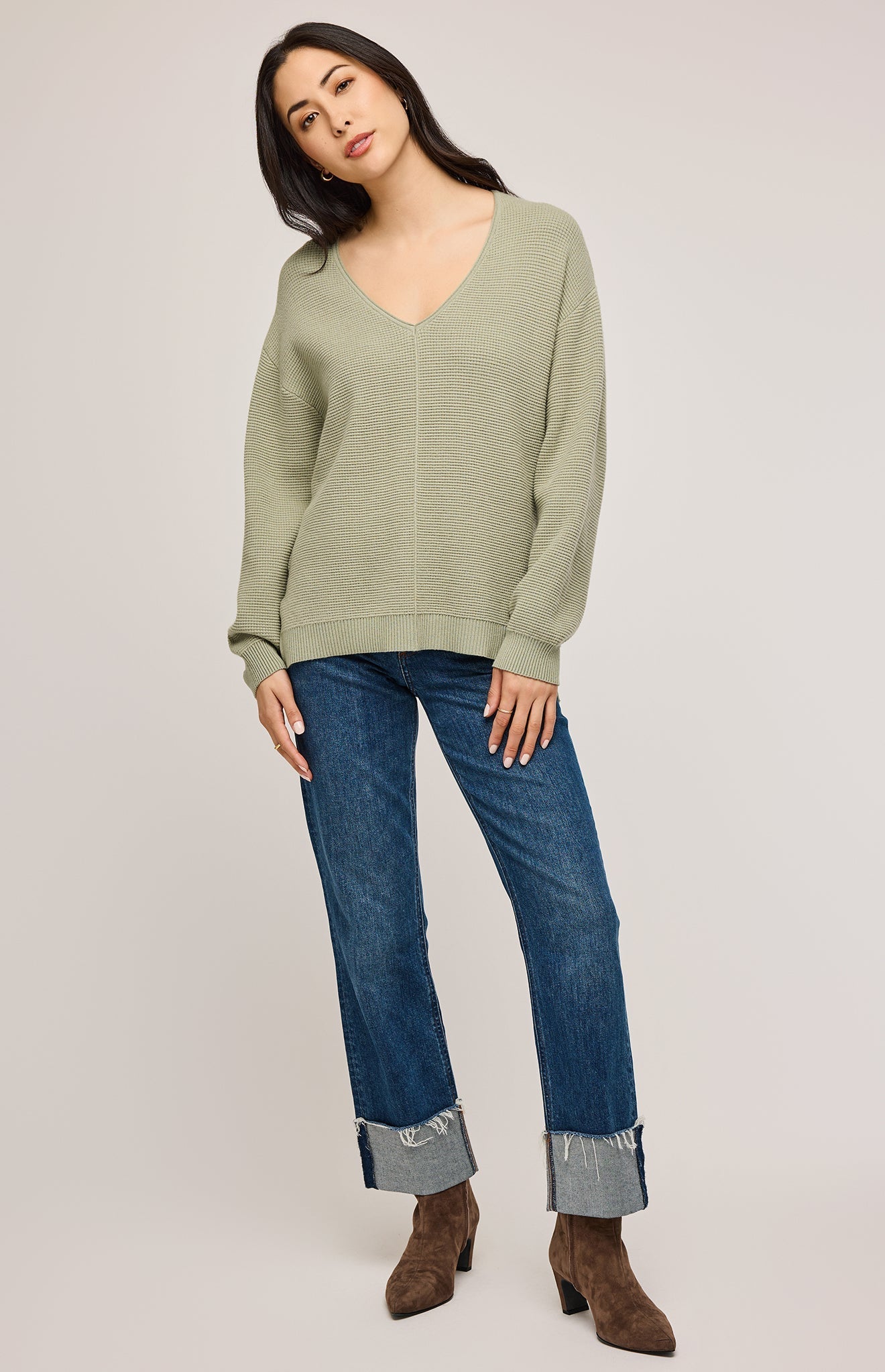 Lisbon V-Neck Knit Sweater- Cactus