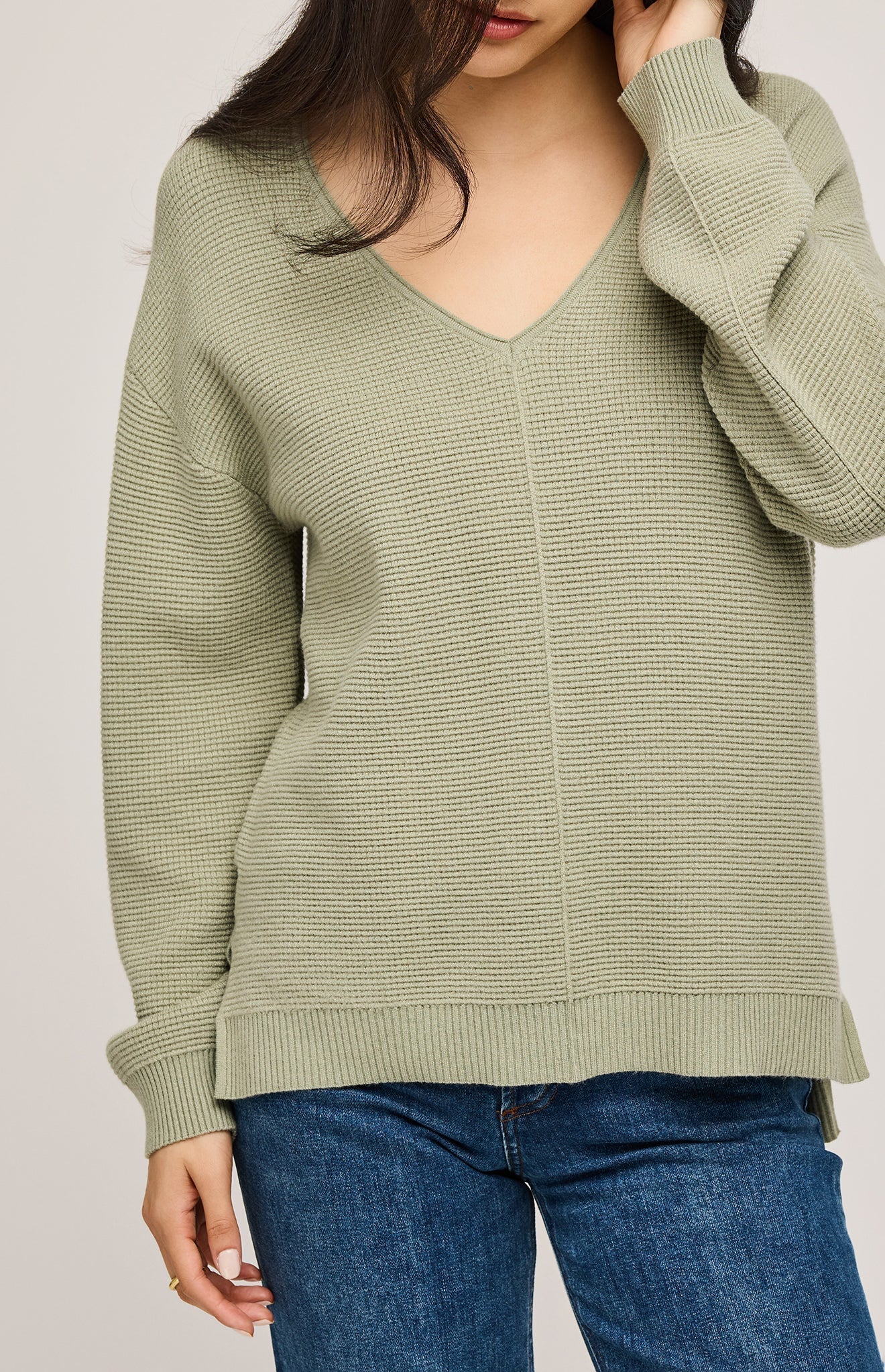 Lisbon V-Neck Knit Sweater- Cactus