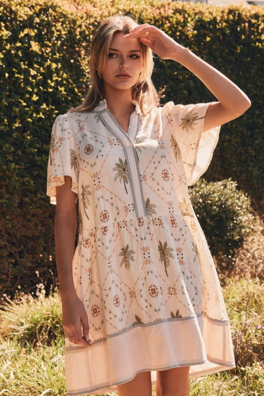 Tropical Print Embroidered Mini Dress