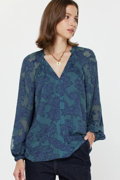 V neck Navy Floral Blouse