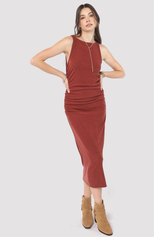 Open Up Boatneck Ruched Midi Dress