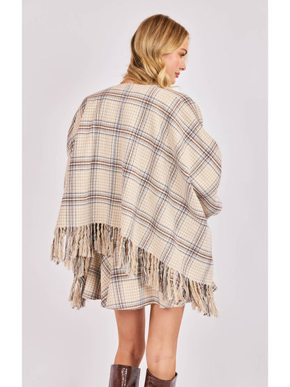 Cedar Plaid Fringe Hem Poncho