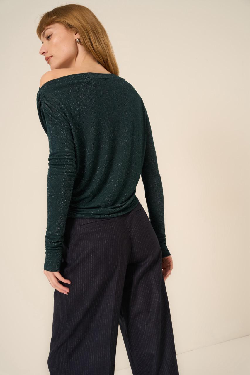 Feeling It Off Shoulder Lurex Longsleeve- Midnight Pine