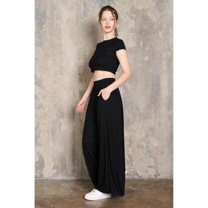 Black Cropped T-Shirt & Pleated Pants Set