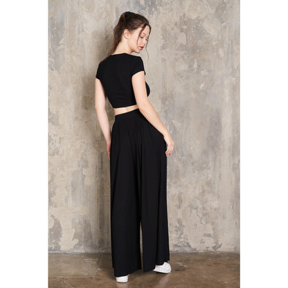 Black Cropped T-Shirt & Pleated Pants Set