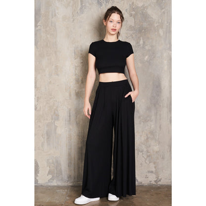 Black Cropped T-Shirt & Pleated Pants Set